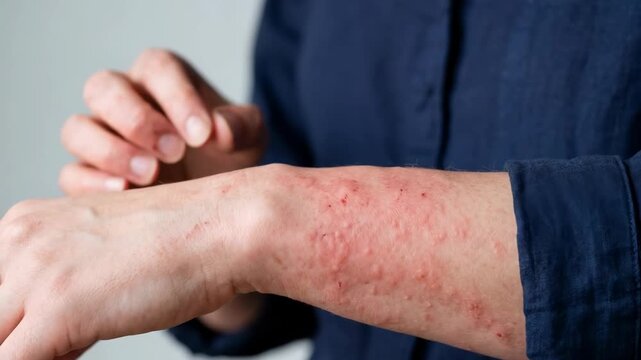 A person is shown scratching their arm. The skin has visible irritation and redness. The setting is simple and well-lit. This may relate to skin conditions or allergies