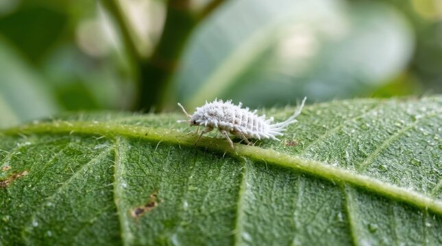 Macro shot of a mealybug on a green leaf. White fuzzy insect pest on garden plant. Pest control and horticulture concept