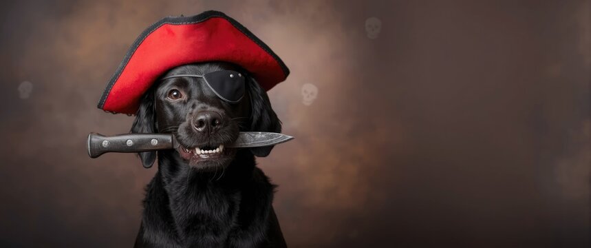 Black Dog Dressed as a Pirate Wearing a Red Hat and Eyepatch with a Knife in Its Mouth