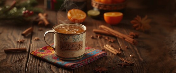 Fototapeta premium Steaming Mug of Spiced Tea on a Colorful Cloth with Cinnamon Sticks and Oranges