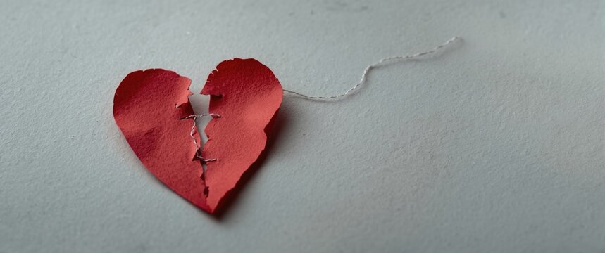 Top view of a ripped crimson paper heart sewn together with thread on a pale grey surface