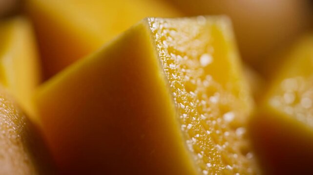 Macro view of sliced orange segments with juicy pulp, glossy highlights, vivid rind texture, and warm amber light creating fresh appetizing citrus detail, with orange, citrus, fruit, pulp detail