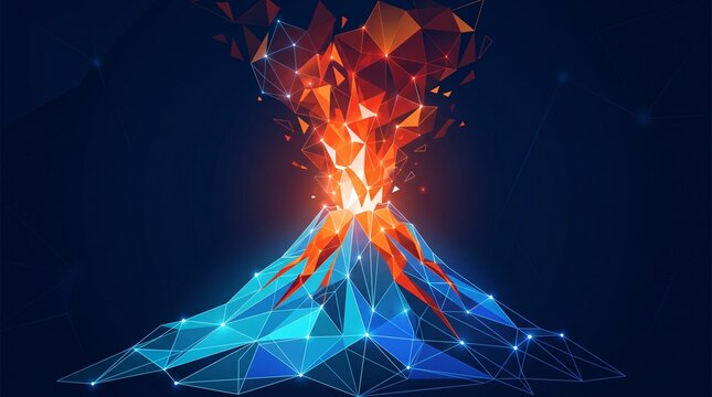 Volcanic eruption digital art concept with polygon wireframe terrain eruption explosion mountain disaster polygonal wireframe geometric abstract particle tectonic landscape