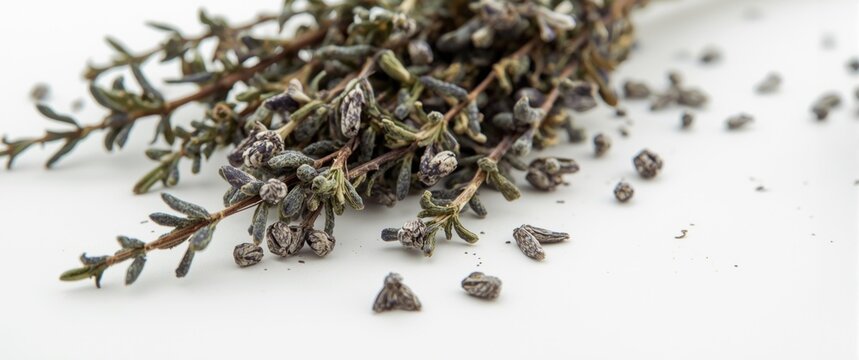 Dried Thyme Herb Bundle with Seeds on a White Surface