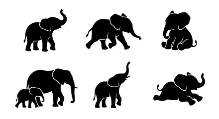 70 Elephant Silhouettes Collection, African Wildlife Vector Icons, Baby Elephant, Family Group, Diverse Poses, Simple Black and White Graphics for Design 100 © Bappy Sarker