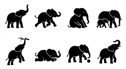 70 Elephant Silhouettes Collection, Diverse Poses Vector Set, African Wildlife Animal Graphics, Baby Elephant Family Iconography, Playful Trunk Action Illustrations 100 © Bappy Sarker