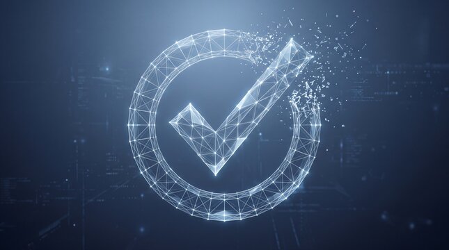 Digital check mark symbol as a glowing abstract particle wireframe icon with verified confirmation approval wireframe technology particle abstract illustration validation interface