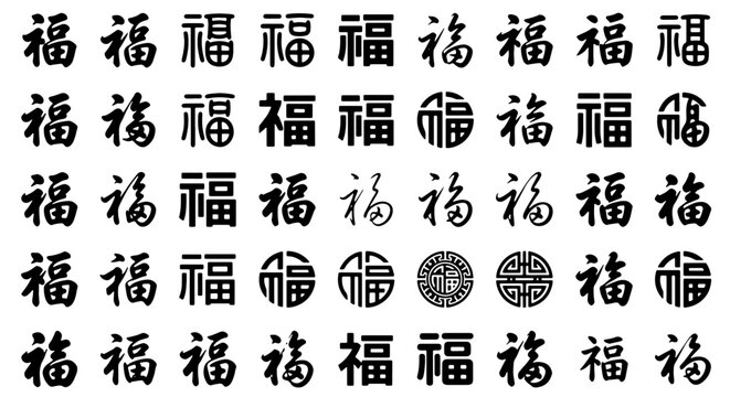 70 Collection of 40 Chinese 'Fu' Characters, Diverse Calligraphy Styles, Good Fortune Symbols, Vector Icons for Asian Culture and Celebrations 100