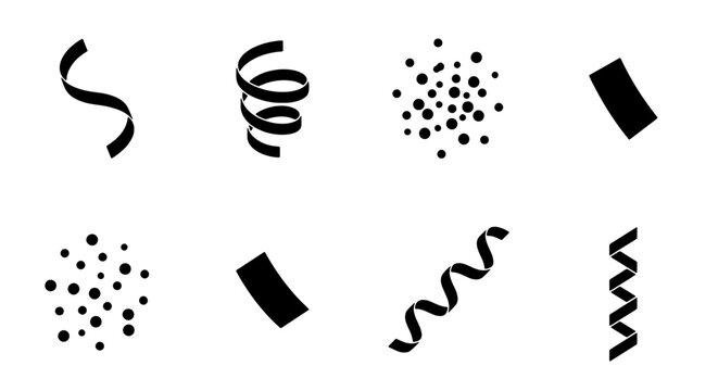 70 Confetti Icons, Party Streamers, Celebration Elements, Festive Vector Graphics, Black and White Party Symbols 100