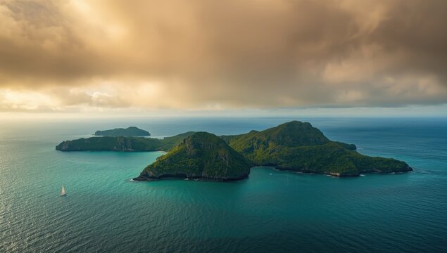 Partial cloud cover enhancing visual contrast of three vibrant islands and ocean below