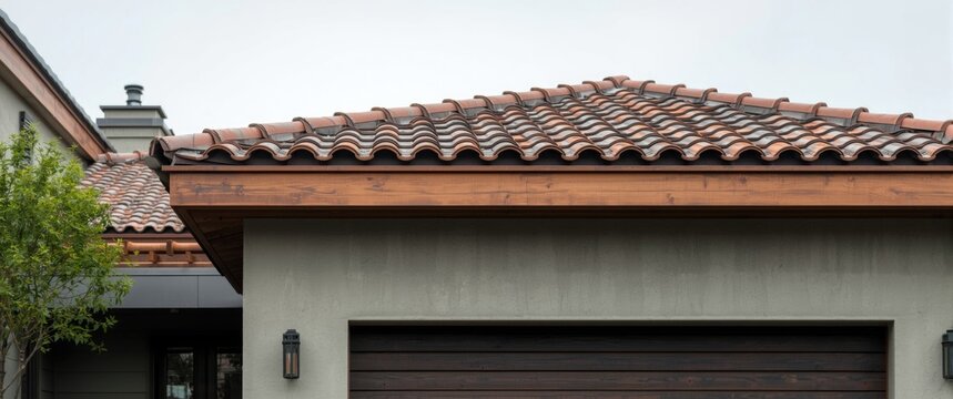 Modern residential facade with fiber cement panels and wooden ledge detail topped by terracotta tile roofing in a neutral color scheme with copyspace