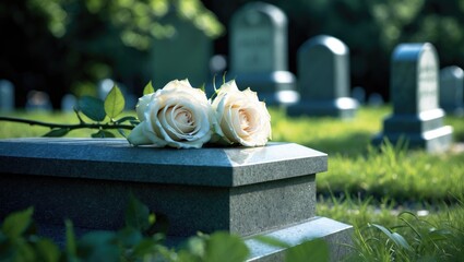 Obraz premium Two white roses resting on a marble tombstone.