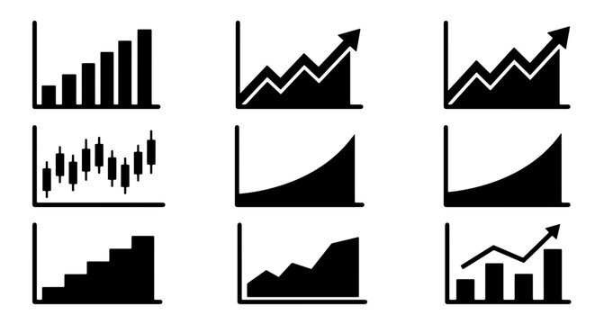 70 Business Growth Charts Set, Financial Data Analysis Icons, Stock Market Trends Vector Graphics, Upward Trend Visuals, Business Performance Indicators 100