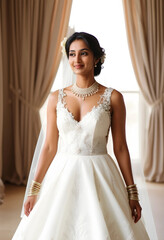 Fototapeta premium Smiling bride in white wedding dress indoors