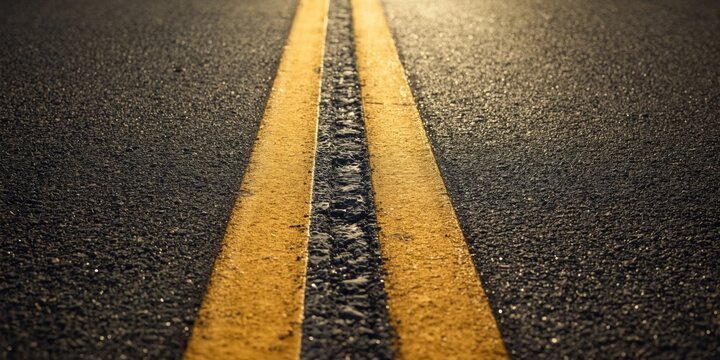 Closeup View of Asphalt Road with Double Yellow Lines in Warm Light