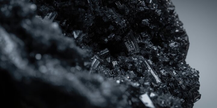 Macro detail of black tourmaline mineral specimen highlighting internal features