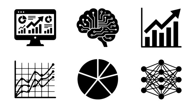 70 Data Analysis Icons: Computer Dashboard, AI Brain, Growth Charts, Line Graphs, Pie Chart, Neural Network, Vector Set for Business Intelligence and Technology 100