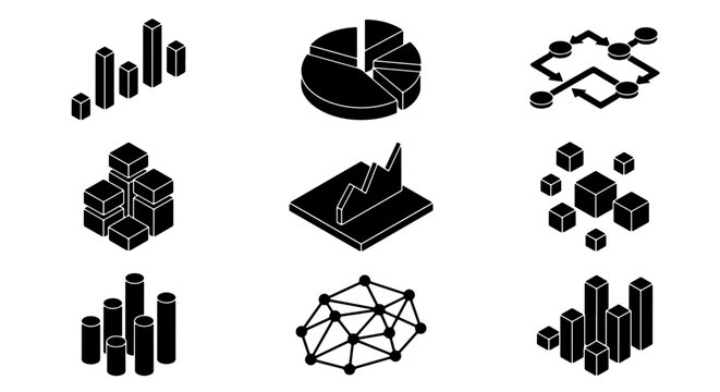 70 Isometric Data Visualization Icons, Business Analytics Symbols, Financial Charts, Network Diagrams, 9 Vector Elements for Infographics and Presentations 100