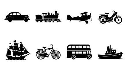 70 Retro Transportation Icons Set: Vintage Car, Steam Train, Biplane, Scooter, Sailboat, Bicycle, Double Decker Bus, Tugboat Silhouettes 100 © Sahenshah