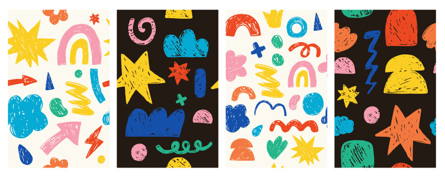 Seamless pattern set shapes and doodles with crayon texture. Cute naive symbols, squiggles and colorful geometric kids elements. Clouds, rainbow, sun, stars, crowns, hearts, arrows. Vector