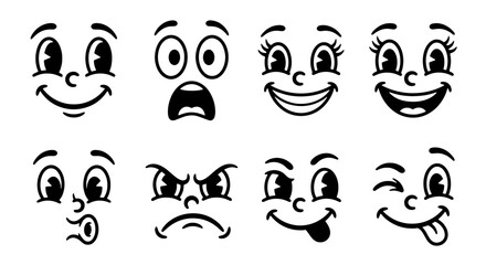 Fototapeta premium 70 Retro Cartoon Faces Vector Pack, Vintage Emoticon Expressions, Classic Character Elements, Expressive Doodle Icons for Design 100