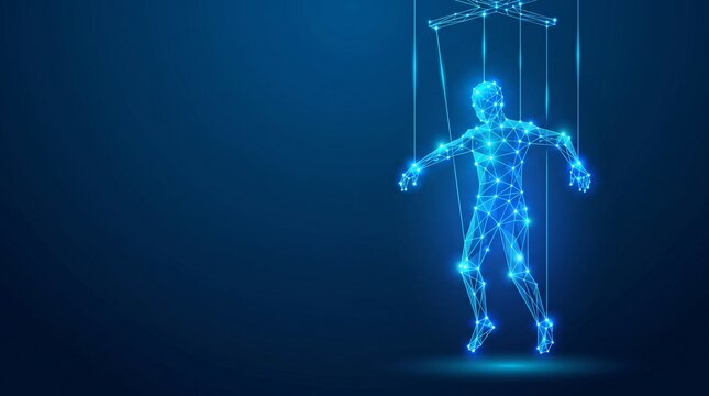 Conceptual illustration of a digital human marionette controlled by glowing blue lines on dark background with marionette technology artificial intelligence manipulation abstract