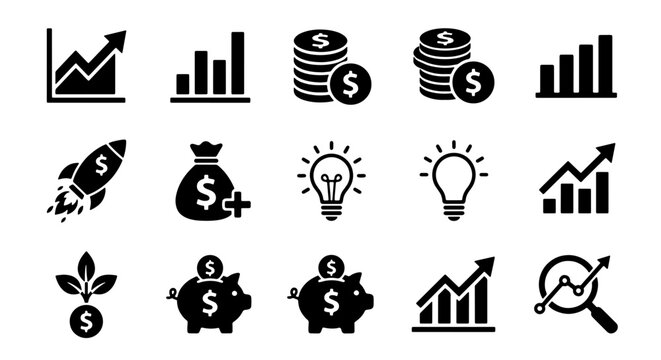 70 Business Growth Icons Set: Financial Charts, Money Stacks, Piggy Banks, Lightbulb Ideas, Rocket Launch, Seedling Investment, Magnifying Glass Analysis 100