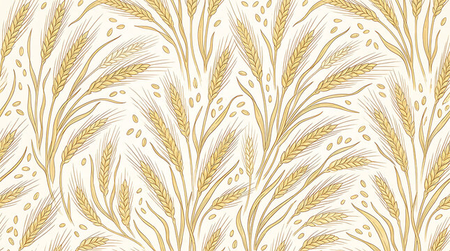 Seamless pattern of golden wheat ears and grains on white background, hand drawn botanical for textile and packaging wallpaper