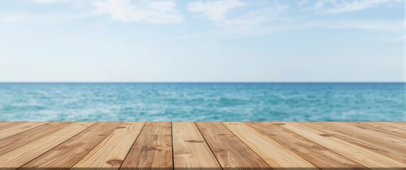 Fototapeta premium Wooden Table Overlooking Calm Sea Under Clear Blue Sky