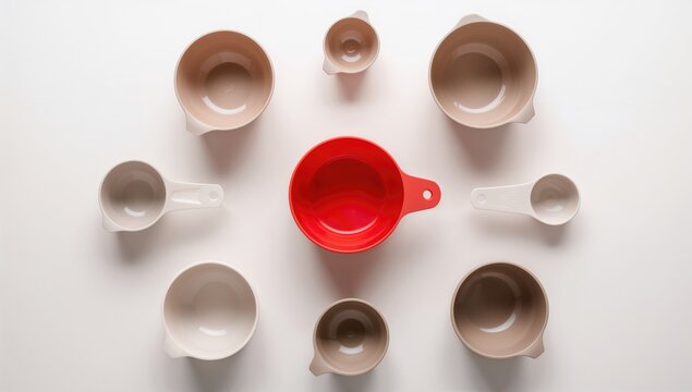 Colorful Measuring Cups Arranged in a Circle on a White Background