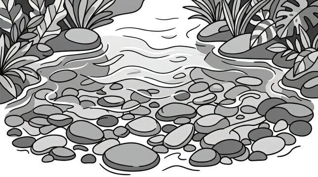 Stylized illustration of a clear water stream flowing over smooth pebbles and lush green foliage.