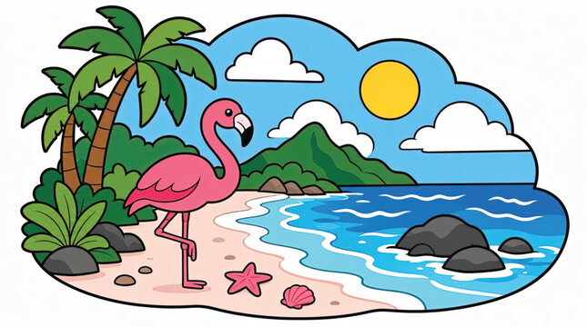 Stylized Tropical Island Paradise with Lush Foliage and Rocks, Vector Illustration