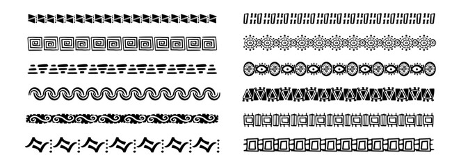 Borders in Ethnic Style. Aztec dividers, hand drawn tribal ornament. Hand drawn motive, doodle decoration. Boho stroke, scandinavian traditional native decor. © Alyona