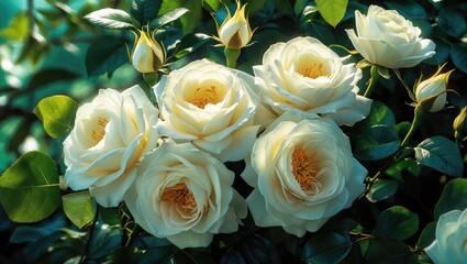 Fototapeta premium White color Hybrid Musk Rose Neige d'Ete flowers blooming in a garden during July 2023