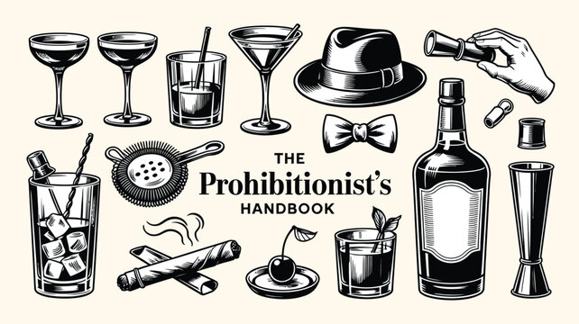 Vintage speakeasy engraving illustration set with classic cocktails, bartender equipment, whiskey glasses, elegant Prohibition era bar accessories, and retro 1920s vector elements for menus