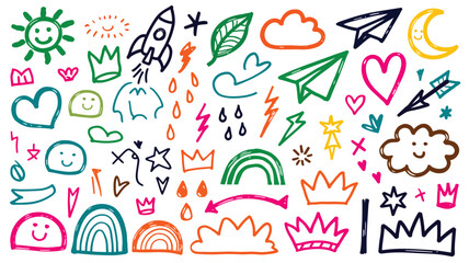 Colorful crayon doodle illustration set featuring hand drawn sun, rocket, clouds, hearts, and playful sketch elements for children, education, greeting cards, posters, and creative designs © Rony art