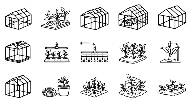 Hydroponic Farming and Greenhouse Line Icon Collection