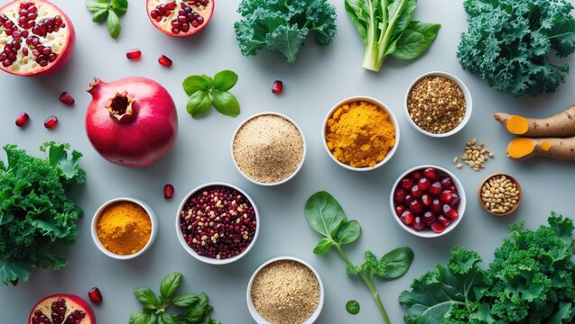 Superfoods on a gray background with text space. Nutritious vegan food.