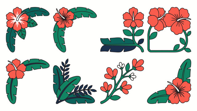 Floral corner frame designs with hibiscus and leaves for decoration