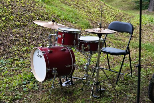 TARNOWSKIE GORY, POLAND - JULY 12, 2026: Pearl Midtown compact drum kit with Meinl cymbals at an outdoor event in Tarnowskie Gory, Poland.