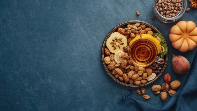 Tea with Assorted Nuts and Dry Fruits - Top View on Blue Background, Cozy Vibe