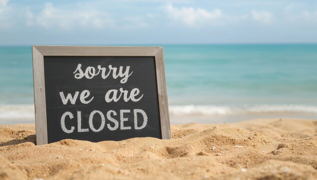 Chalkboard Sign Saying "Sorry We Are Closed" - Beach Background, Soft Light, Relaxed Mood