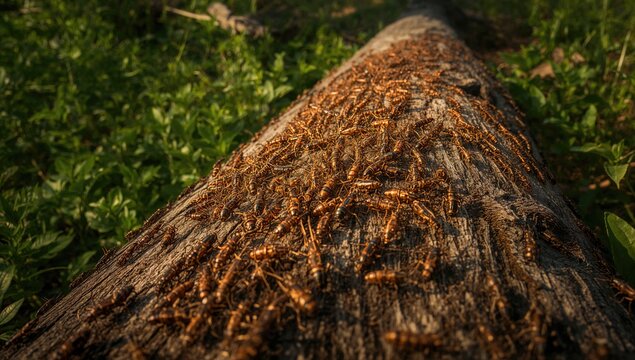 Termite Colony on Fallen Log - Forest Setting, Close-Up, Natural Light