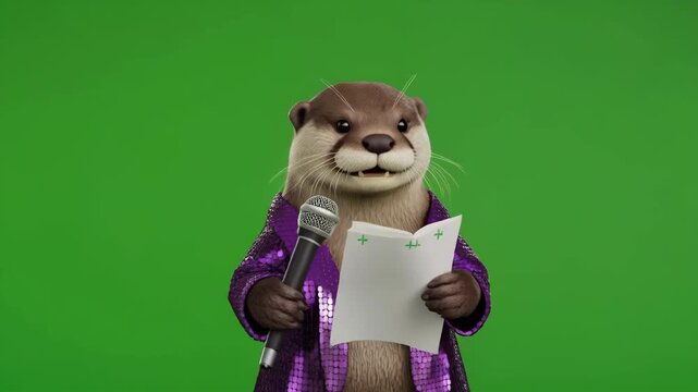 Animated Otter In Blazer Reads Document On Green Screen Background With Subtle Camera Zoom
