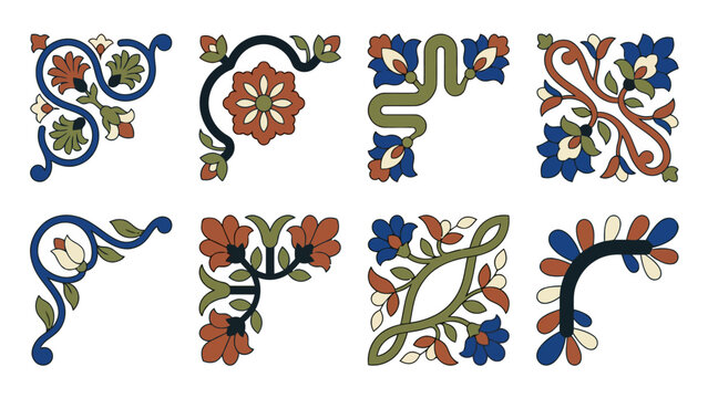 Intricate floral corner frames with vibrant designs for decorative art