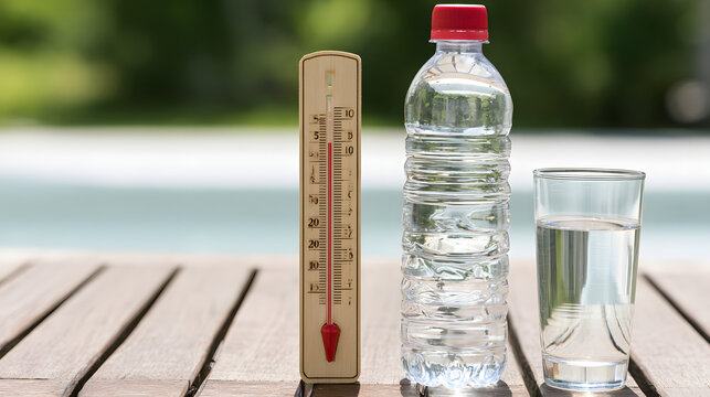 A wooden thermometer indicating high temperatures, alongside a water bottle and a glass of water placed on an outdoor table