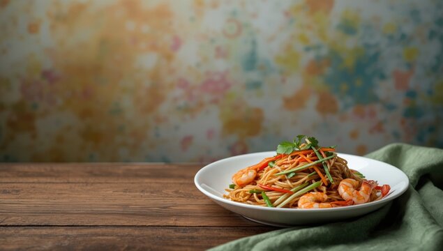 Shrimp Noodles on White Plate - Rustic Wooden Table, Soft Focus Background