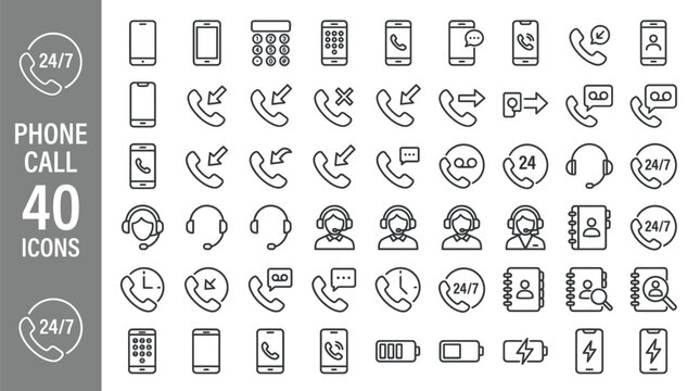 Phone call icon set featuring communication, contacts, and support symbols for interface design, branding, and creative projects