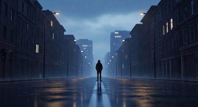 Solitary figure standing on a wet empty city street.
