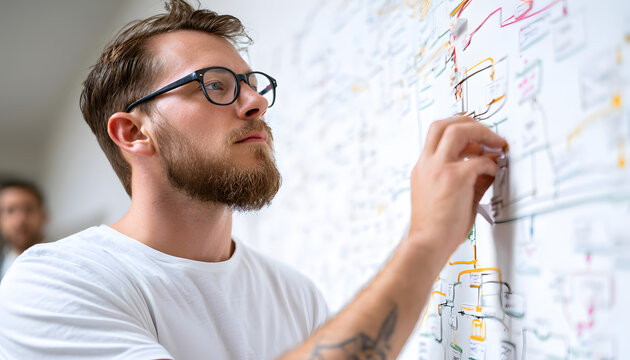 A person wearing glasses examines a diagram on the wall. He devises a plan for the project and works on designing the system. Meanwhile, a colleague inspects the workflow on a whiteboard during an off